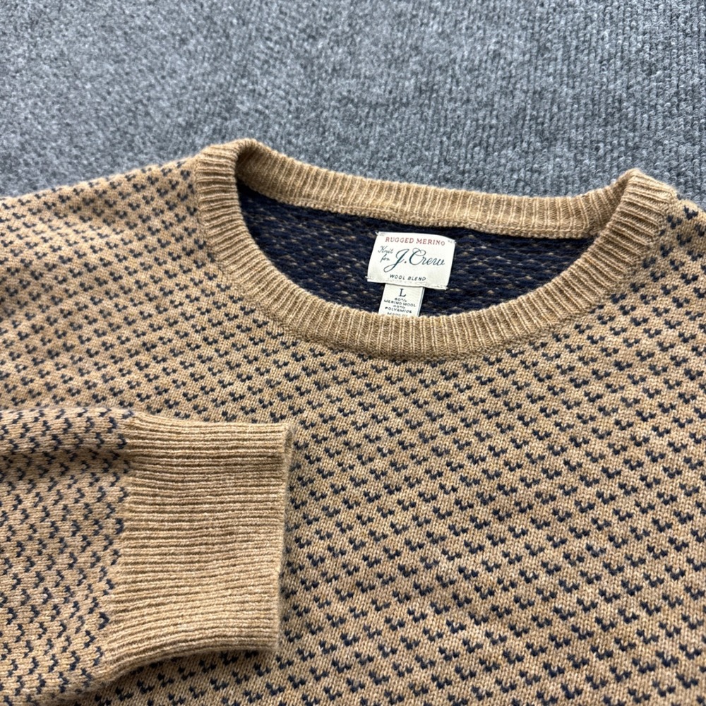 J.Crew Rugged Merino Sweater Mens Large Tan Navy Birdseye Knit Classic Preppy